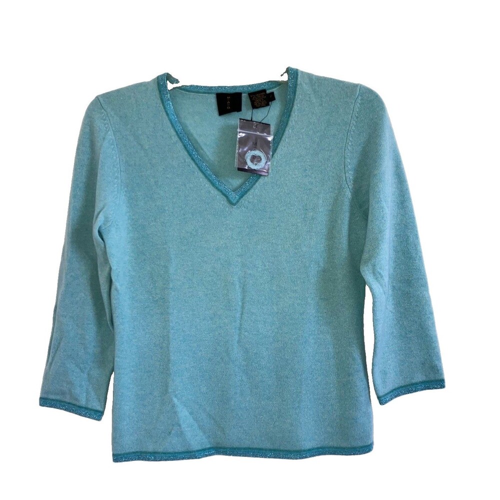 MAG sz M Blue Cashmere Soft Knit Sweater Top V Neck Sparkle Trim